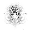 face woman cross with serpent and rose, arround him difuse and degrade designs tattoo design idea