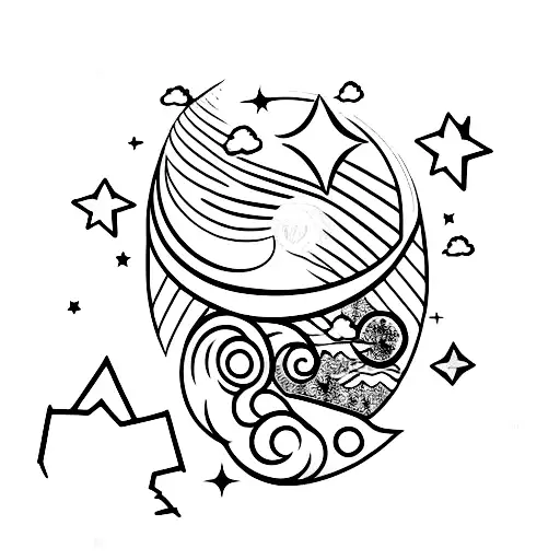 Black and white fine line art of crescent moon, clouds, and stars with Aquarius symbol in background  tattoo design idea