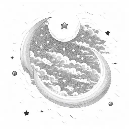 Black and white fine line landscape of crescent moon, clouds, and stars with Aquarius symbol in background  tattoo design idea