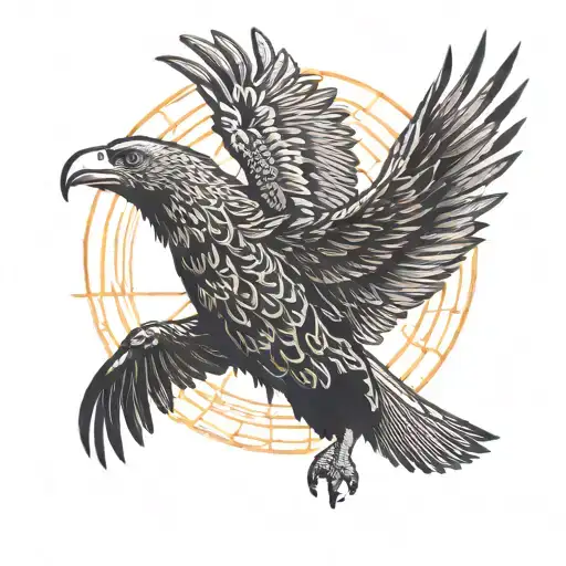 fine line vulture flying with its wings spread out with the sun in red behing it tattoo design idea