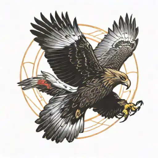 fine line golden eagle from the front flying with its wings spread across with the sun in red behing it tattoo design idea