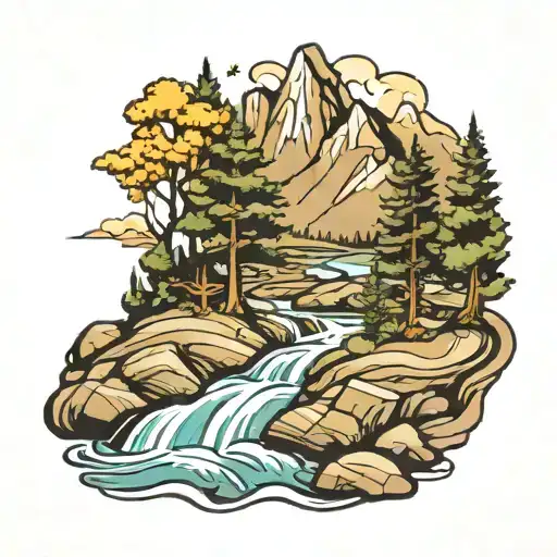 mountains with stream flowing with poplar and pine trees tattoo design idea