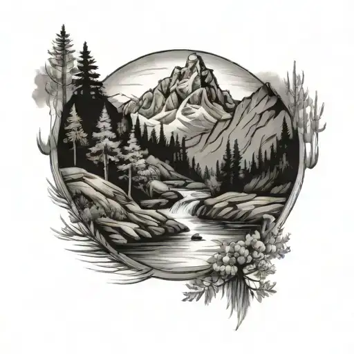 mountains with stream and trees tattoo design idea