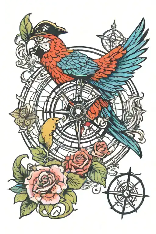 A nautical compass with a parrot in a pirate hat perched on top, adorned with old school floral accents tattoo design idea