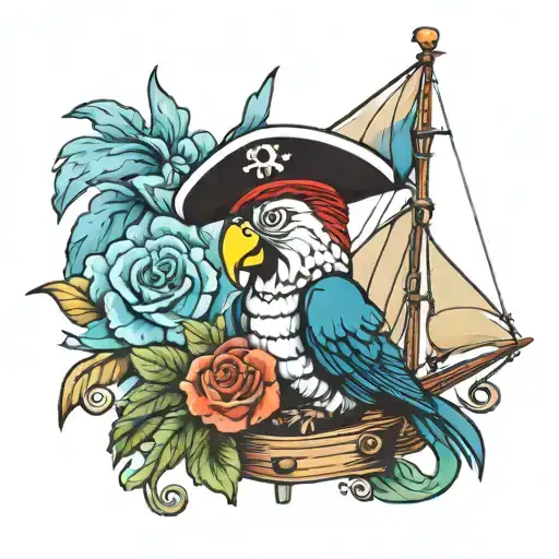 A traditional sailor ship with a parrot wearing a pirate hat perched on the mast, surrounded by old school flowers tattoo design idea