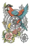 A nautical compass with a parrot in a pirate hat perched on top, adorned with old school floral accents tattoo design idea