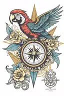 A nautical compass with a parrot in a pirate hat perched on top, adorned with old school floral accents tattoo design idea