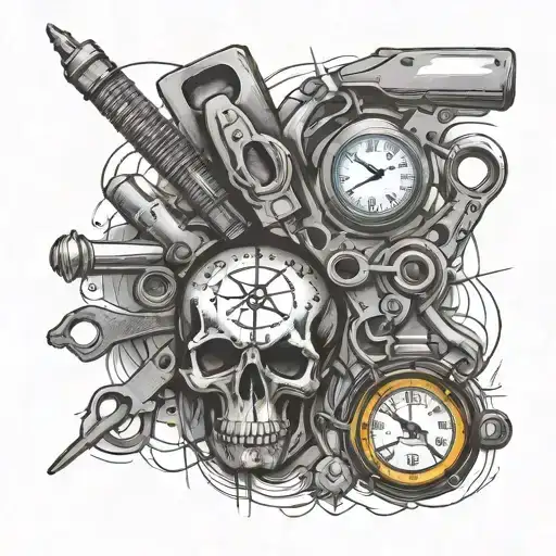 A tattoo design of a crime scene investigator's tools with a hidden message related to mental health in a black-grey style tattoo design idea