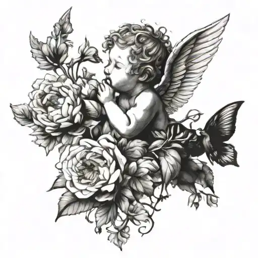 cherub cupid in some vines and flowers, the flowers will be peonies tattoo design idea