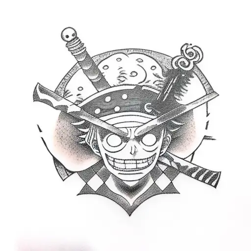 one piece anime, zoro, swords, black tattoo design idea