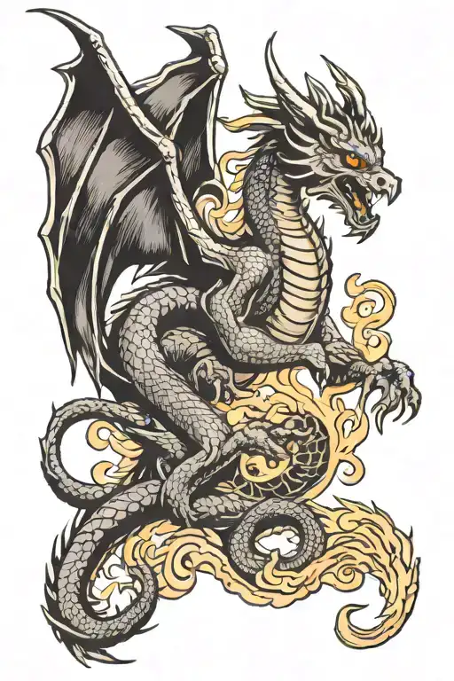 Western dragon swooping from fiery portal tattoo design idea