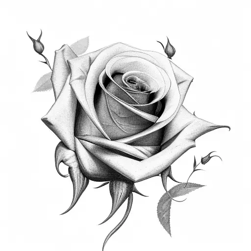 A black and grey portrait of a rose with hidden knife blades as the stems tattoo design idea