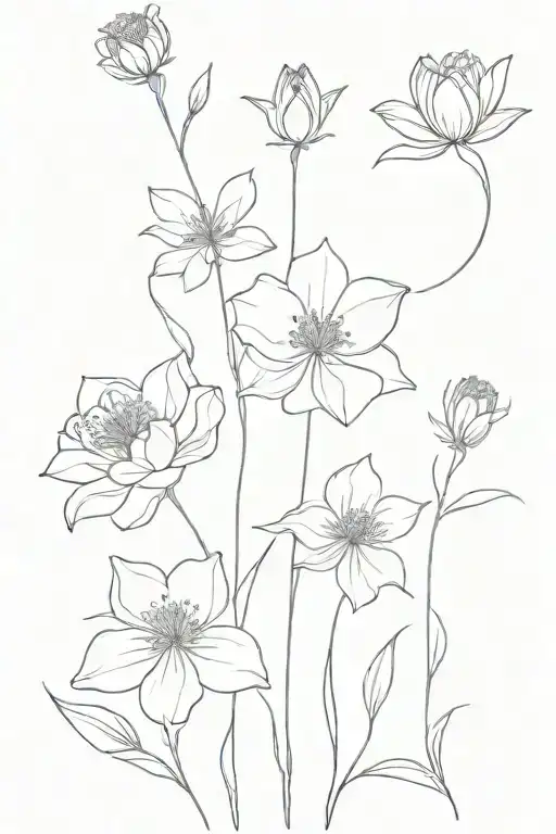 flower line art with January, February, March, June, July, and novembers birth flowers  tattoo design idea