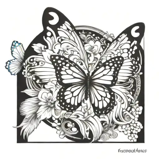 monarch butterfly wing on left side with and angel wing on right side and the name cooper james in the center of wings  tattoo design idea