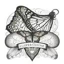 monarch butterfly wing on left side with and angel wing on right side and the name cooper james in the center of wings  tattoo design idea