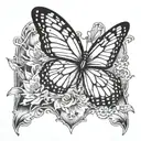 monarch butterfly wing on left side with and angel wing on right side and the name cooper james in the center of wings  tattoo design idea