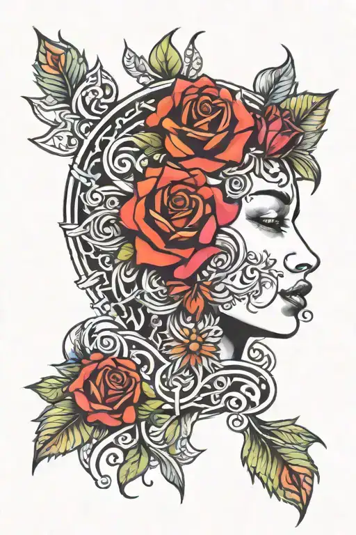 rose mandala and face surrounded tattoo design idea