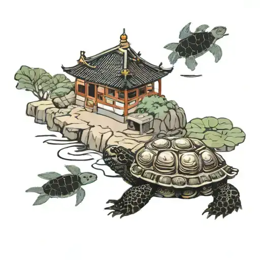 A tortoise surrounded by a korean buddhist temple and a small pond. The pond should contain kois acting as ying and yang tattoo design idea
