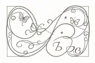 infinity symbol intertwined cursive E B I and small music note and small star and small butterfly  tattoo design idea