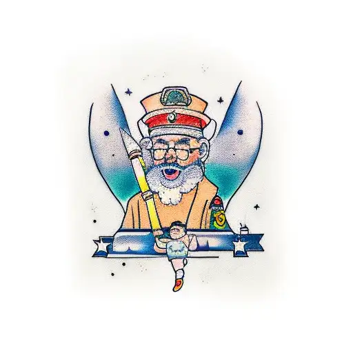 ein kleiner Junge und sein Opa stehen händehaltend nebeneinander. Der Opa steht vor den Treppen zum Himmel tattoo design idea
