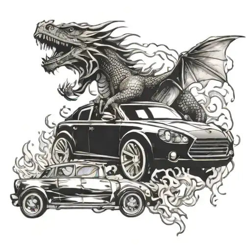 dragon, fire, and car  tattoo design idea