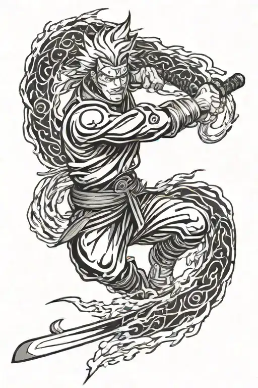 susanoo from naruto with the katana and fire in the background tattoo design idea