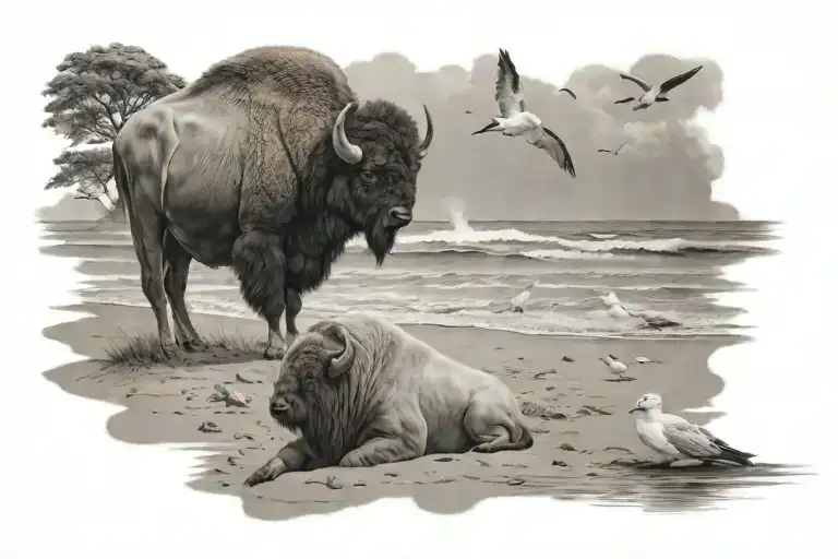 Buffalo and seagull sitting together on beach overlooking large body of water.  tattoo design idea