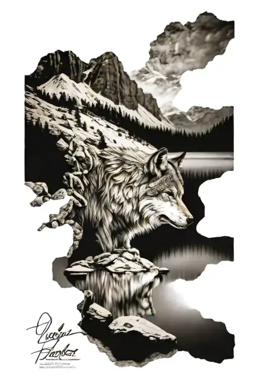 Wolf on a stone, behind it is a lake and a mountain. The whole picture is reflected in a body of water tattoo design idea
