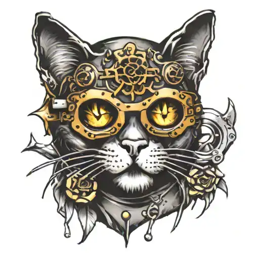 cat with a welding mask that has skulls on it tattoo design idea