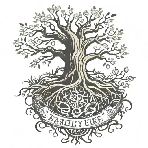 tree of life with roots that write family and in the trunk written Sabrina tattoo design idea