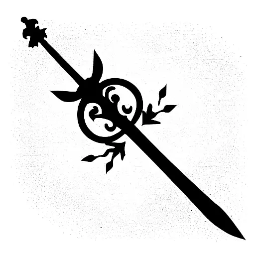 sword with crown and words around it tattoo design idea