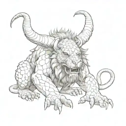 ogre with lion paws, body covered in scales; feet with vulture claws, head with bull horns; tail with snake head  tattoo design idea