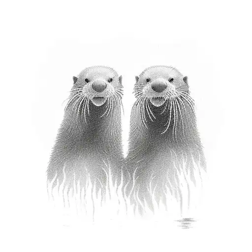 A realistic depiction of a serene river scene with a couple of playful otters, symbolizing your love for your boyfriend and nature tattoo design idea