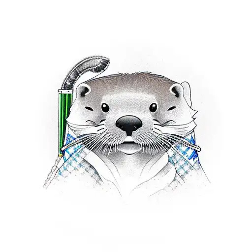 A realistic portrait of an otter wearing camping gear and exploring the wilderness tattoo design idea