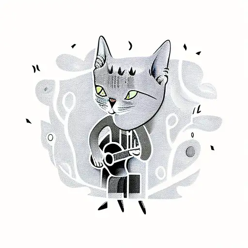 A whimsical tattoo of a cat playing a guitar in a forest filled with musical notes tattoo design idea