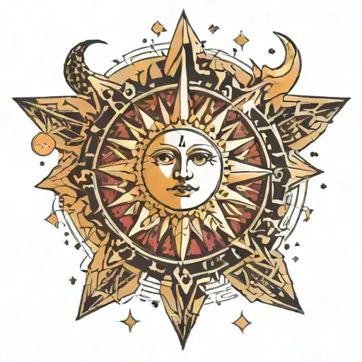 A celestial scene featuring a radiant sun and moon with intricate geometric patterns inspired by sacred geometry tattoo design idea