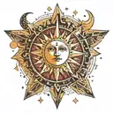 A celestial scene featuring a radiant sun and moon with intricate geometric patterns inspired by sacred geometry tattoo design idea