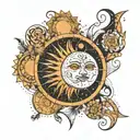 A celestial scene featuring a radiant sun and moon with intricate geometric patterns inspired by sacred geometry tattoo design idea