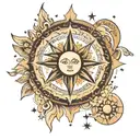 A celestial scene featuring a radiant sun and moon with intricate geometric patterns inspired by sacred geometry tattoo design idea