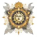 A celestial scene featuring a radiant sun and moon with intricate geometric patterns inspired by sacred geometry tattoo design idea