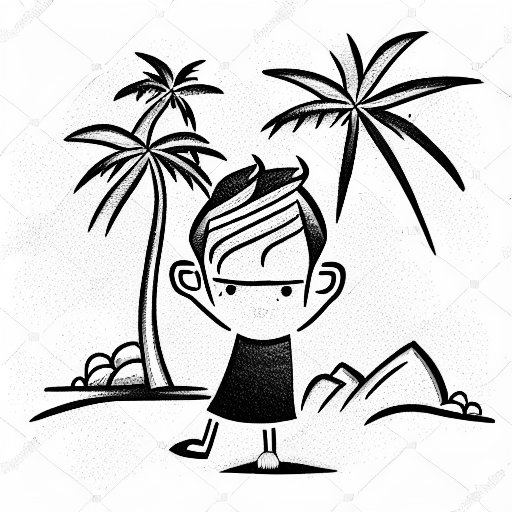 small kid feeling depressed under coconut tree in a beach tattoo design idea