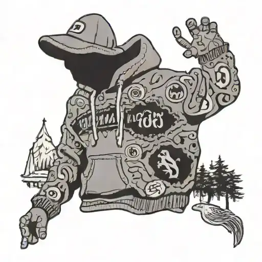 A finance bro silhouette wearing a Patagonia sweater, surrounded by ZYN patches and symbols of bragging tattoo design idea