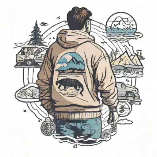 A finance bro silhouette wearing a Patagonia sweater, surrounded by ZYN patches and symbols of bragging tattoo design idea