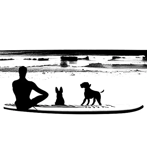 me, my wife, my dog and two surf boards, sitting at the beach, talking about the waves tattoo design idea