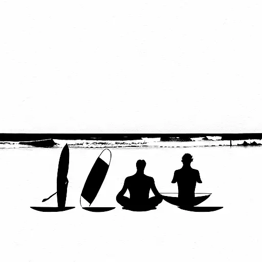 sillouettes of me, my wife, my dog and our surf boards, sitting at the beach, talking about the waves tattoo design idea