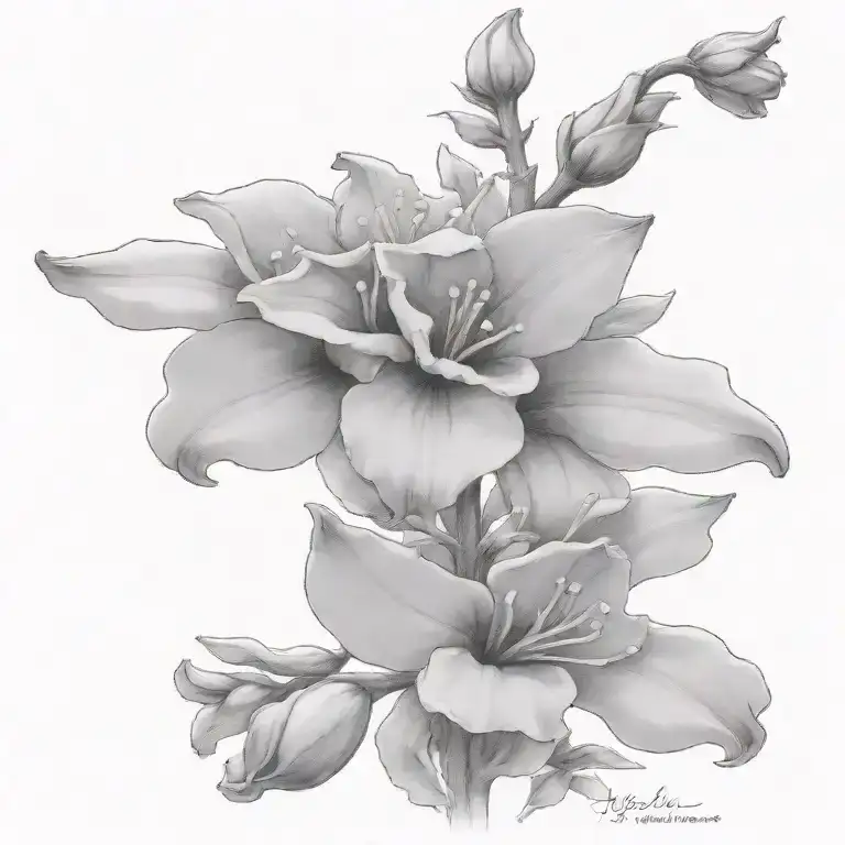 larkspur flower and stem up to 12 inches. also include on the stem "this to shall pass"  tattoo design idea