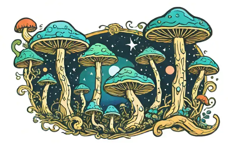 psychedelic mushroom with van gogh theme based on stary night in backround  tattoo design idea