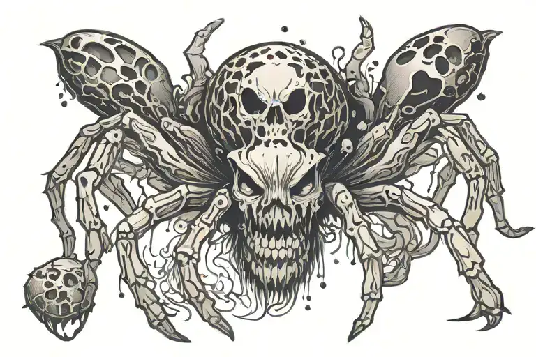a spider with a body shaped like a mushroom with a skull face and fangs tattoo design idea