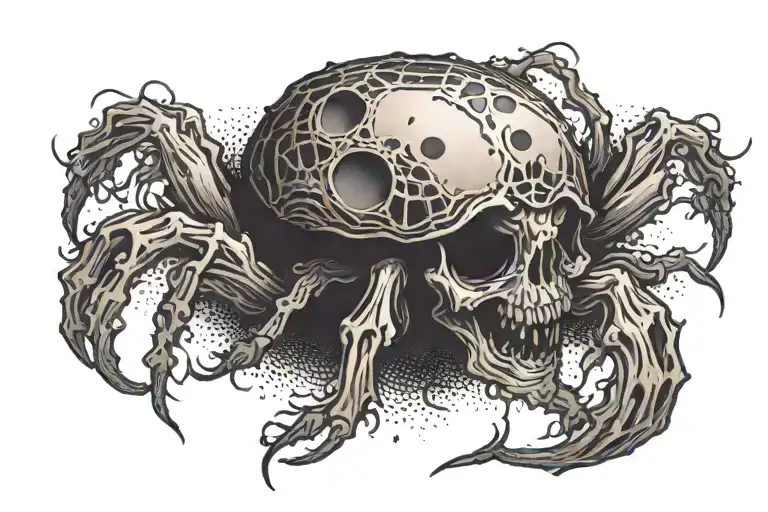 a spider with a body shaped like a mushroom with a skull face and fangs tattoo design idea
