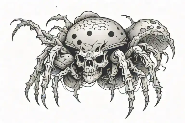 a spider with a body shaped like a mushroom with a skull face and fangs and mushrooms tattoo design idea